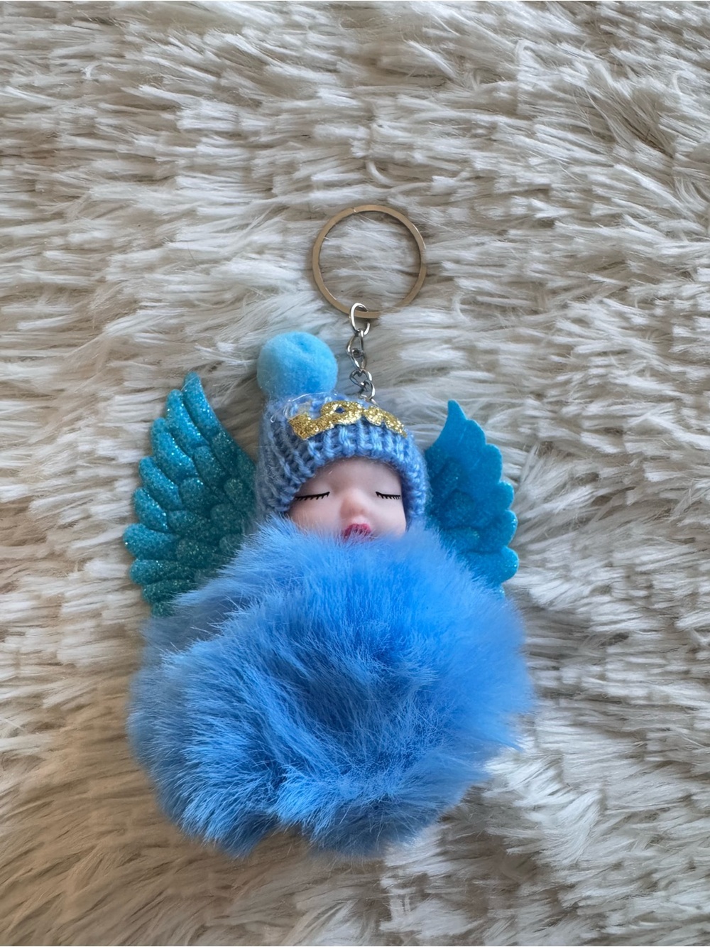 Blue Angel baby Pom Pom Keychain bag charm with sparkle wings